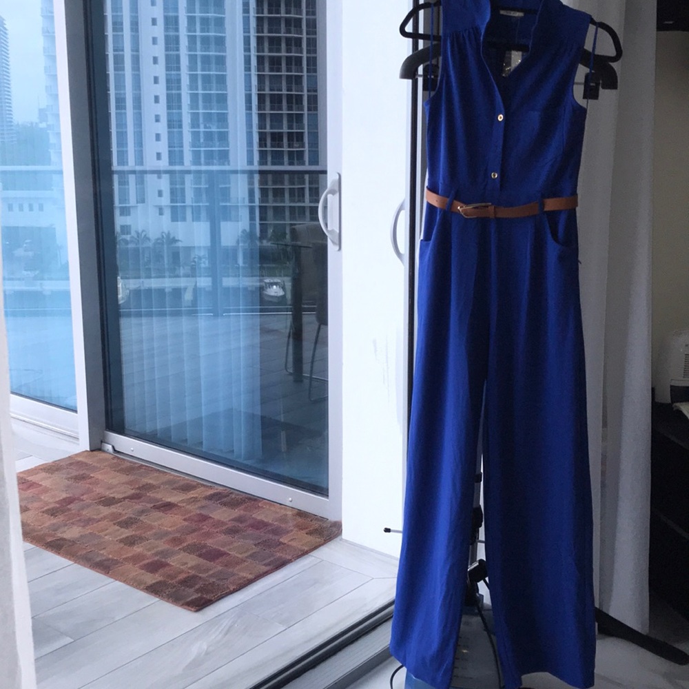 Blue jumpsuit with belt